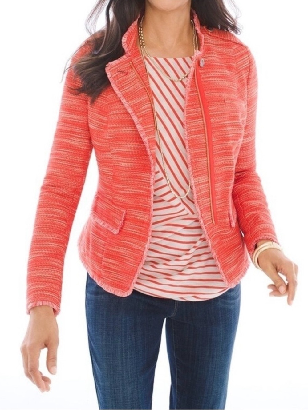 Chico's Orange Tweed Fringe Asymmetrical Zip Jacket Chicos Size 0 (size 4-6)